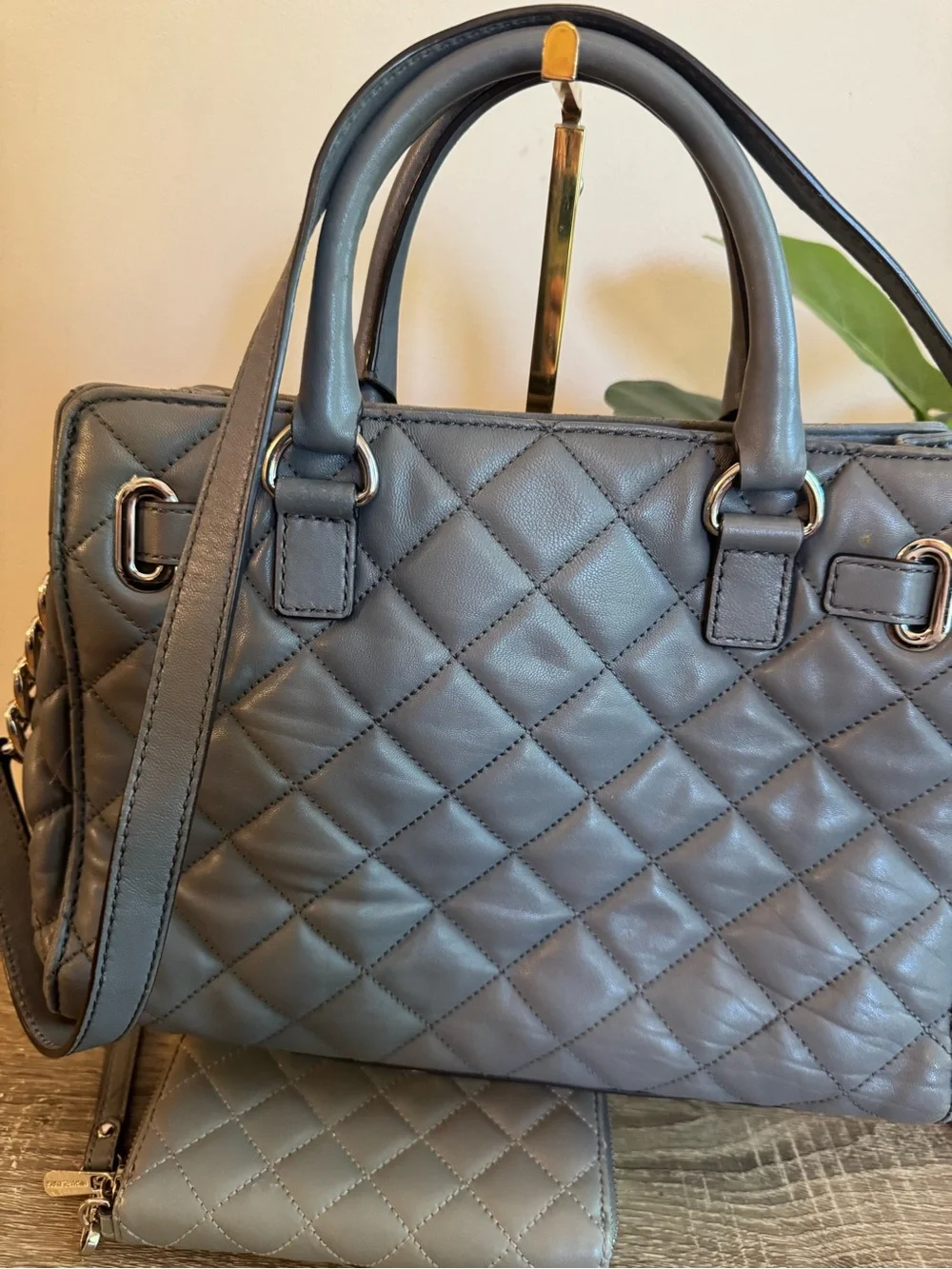 Michael Kors Quilted Satchel and Wallet Set in Gray
